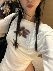 Hnewly  Y2k Printed Off Shoulder T-shirt Sweet Transparent White Long Sleeve T-Shirts Korean Fashion Casual Loose Tops Slim Up