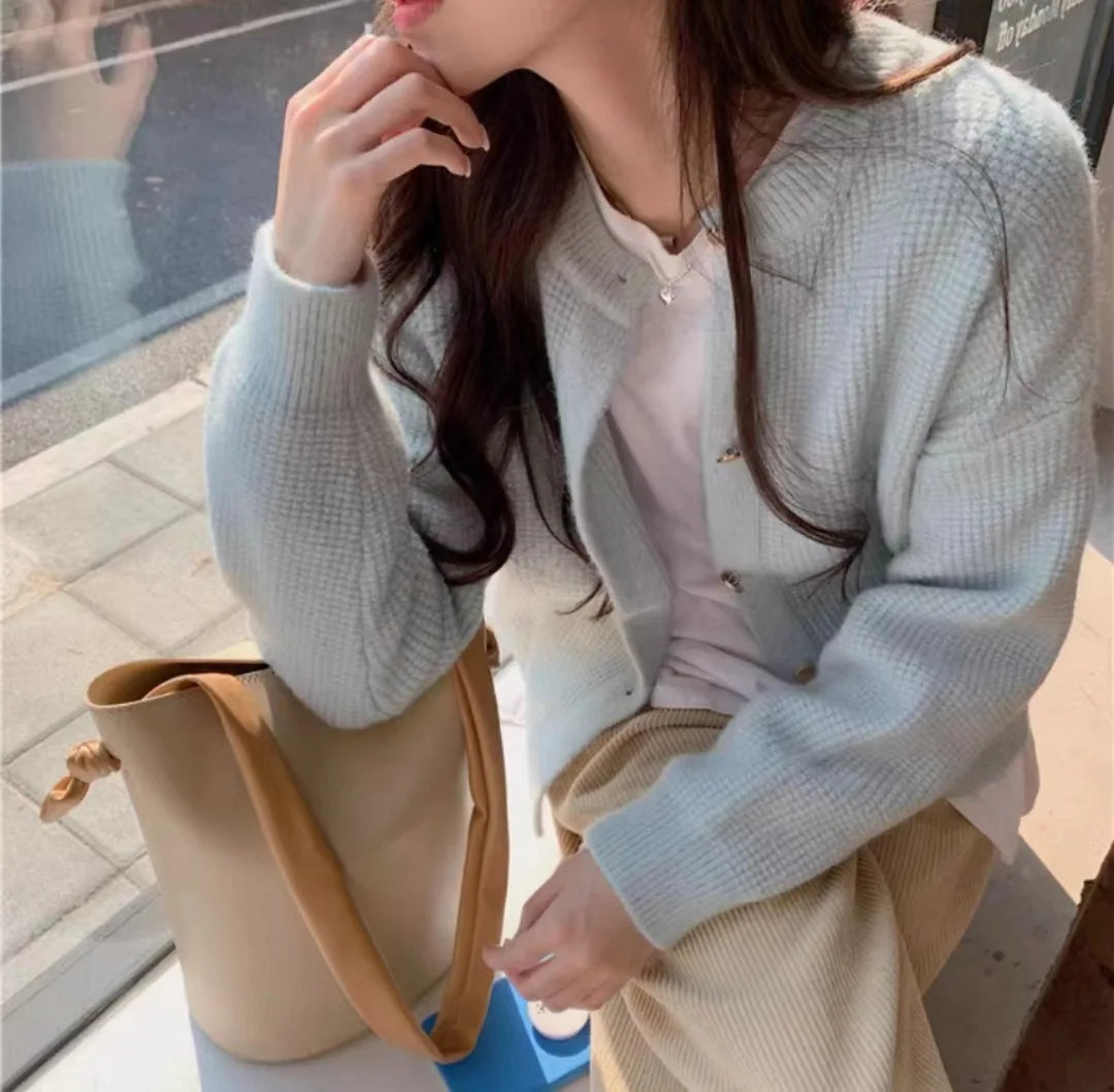 Hnewly  Autumn Winter Sweet Sweater Simple O-Neck Solid Short  Office Lady Cardigan Coat Metal Single Breasted Long Sleeved Outwear