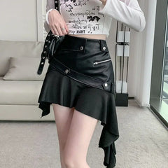 Hnewly  Pure Color Irregular PU Leather Skirt Autumn New Design Sense High Waist Thin Skirt Women's Niche Temperament A-shaped Skirt