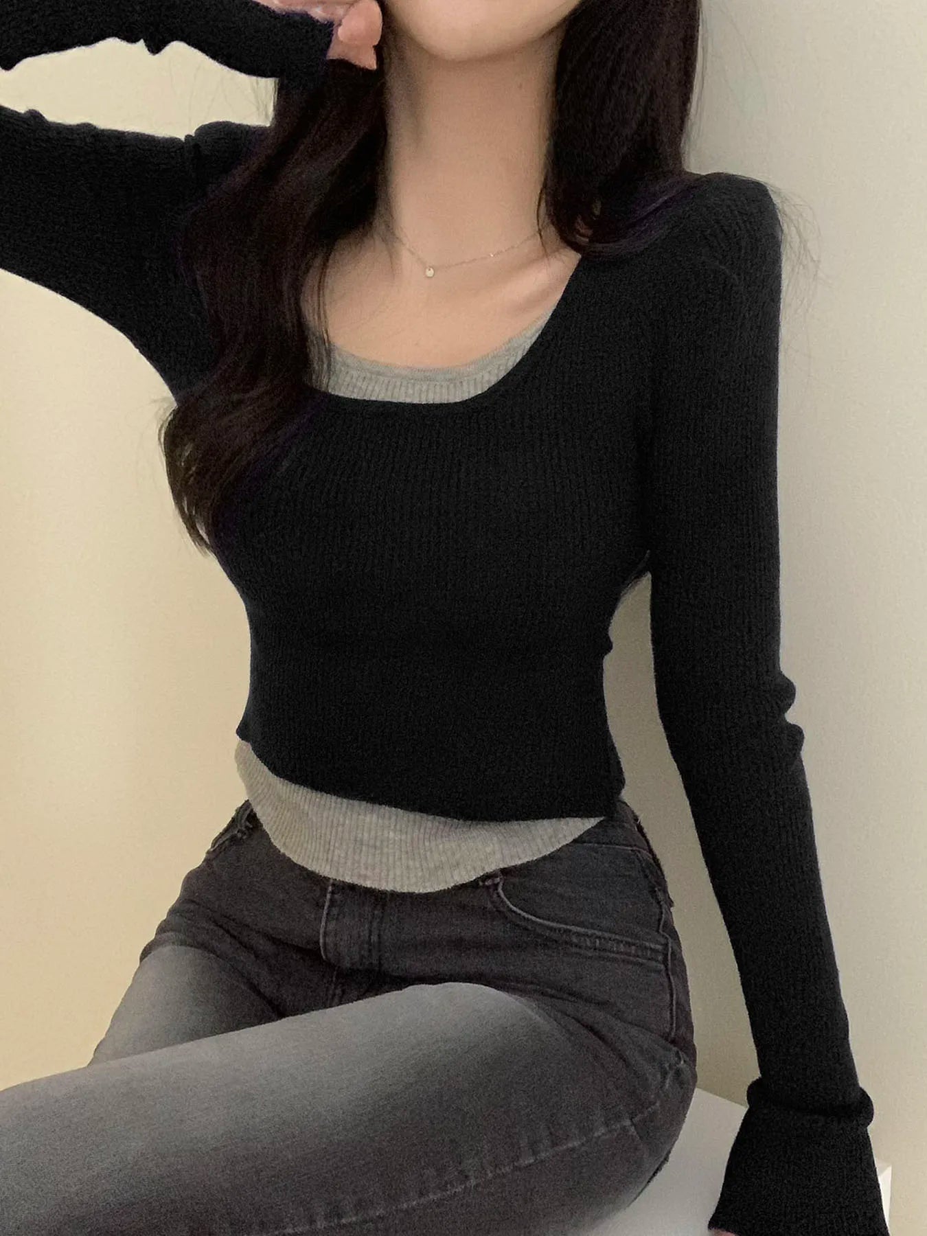 Hnewly Contrast Stitching Crop Top Harajuku y2k Casual Full Sleeve Patchwork T-shirts for Women Fall Basic Tee Ladies Streetwear