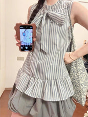 Hnewly  Summer New Elegant Striped Halter Sleeveless Shirts Women+ Y2k Fashion High Waist Floral Bud Skirts Two Piece Sets
