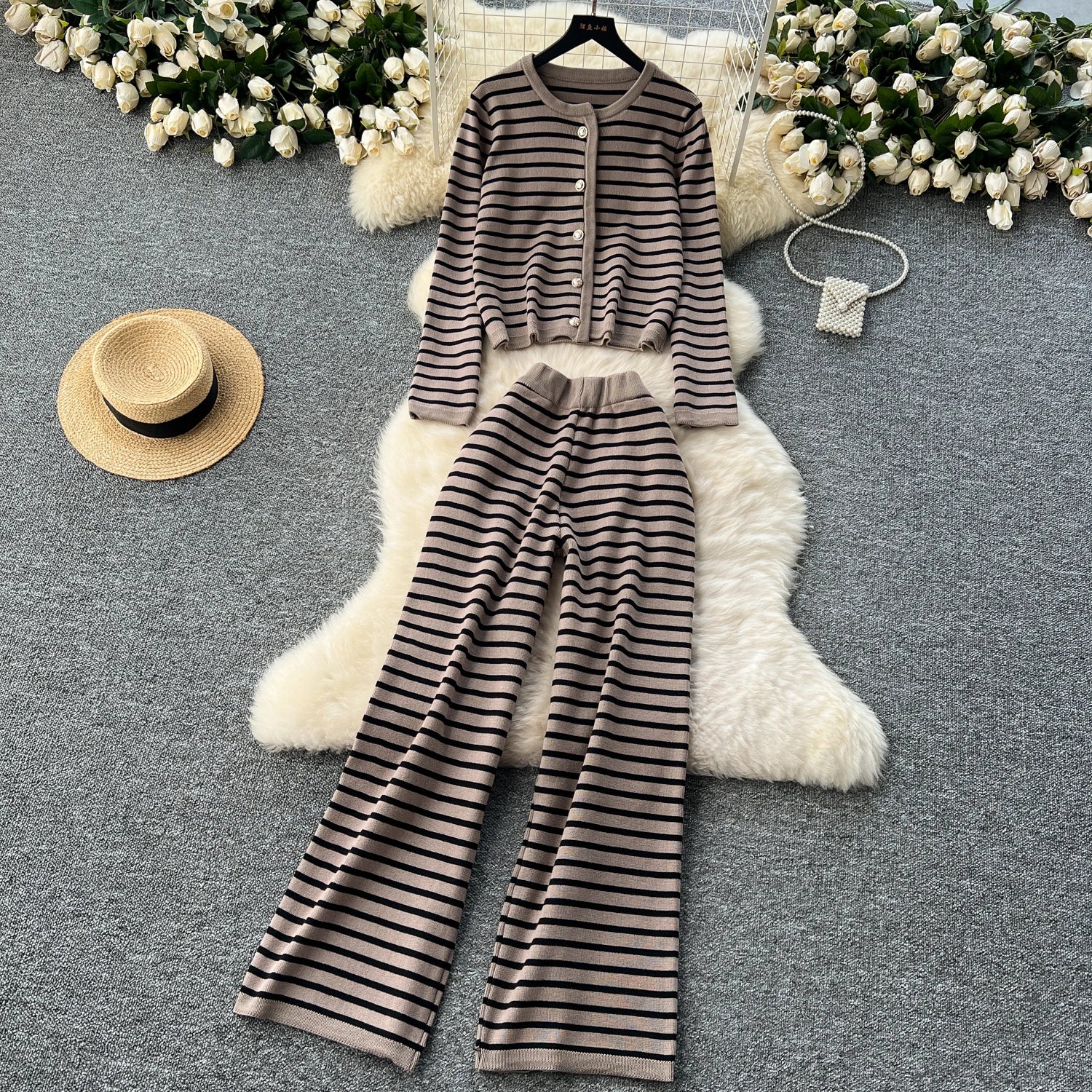 Hnewly  Elegant Knitted Set for Women's High End Versatile Round Neck Striped Knitted Cardigan+High Waist Casual Wide Leg Pants 2PCS