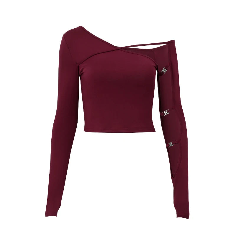 Hnewly Sexy Oblique-neck Long Sleeve T Shirt Y2K Spring Women Hollow Out Off Shoulder Bodycon Crop Top Casual Streetwear Tees