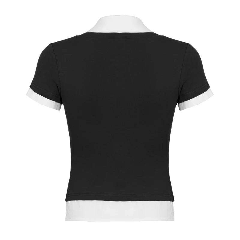 Hnewly Preppy Style Fake Two-piece Cropped Top Chic Patchwork Turn Down Neck Short Sleeve T-shirt y2k Harajuku Women Black Shirt