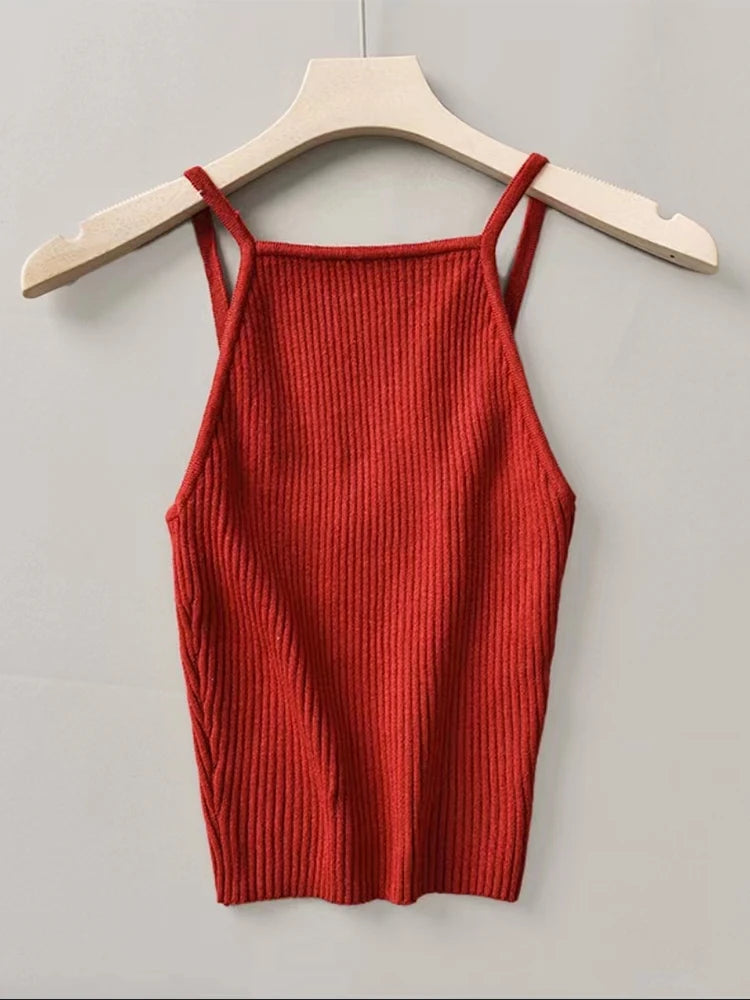 Hnewly Women Slim Knitted Camis Summer Fashion Ladies Vintage Blackless Tank tops Female Cute Sweet Solid Color Cropped Tops