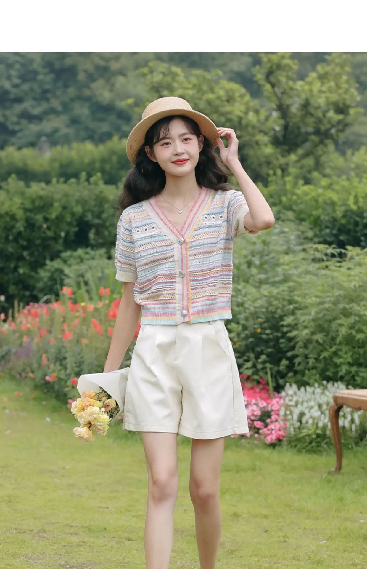 Hnewly Rainbow Striped Knitted Sweater For Women's 2025 Summer New  Thin Short Sleeved V-neck Hollow Out Holiday Sun Protection Top