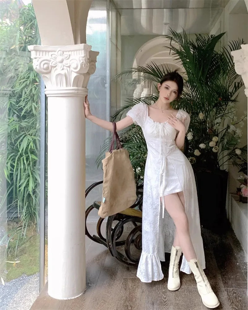 Hnewly Korean Fashion Womens White Long Dresses Puff Sleeves Summer Elegant Party Dresses 2024 Casual Slim Female Sexy Dresses