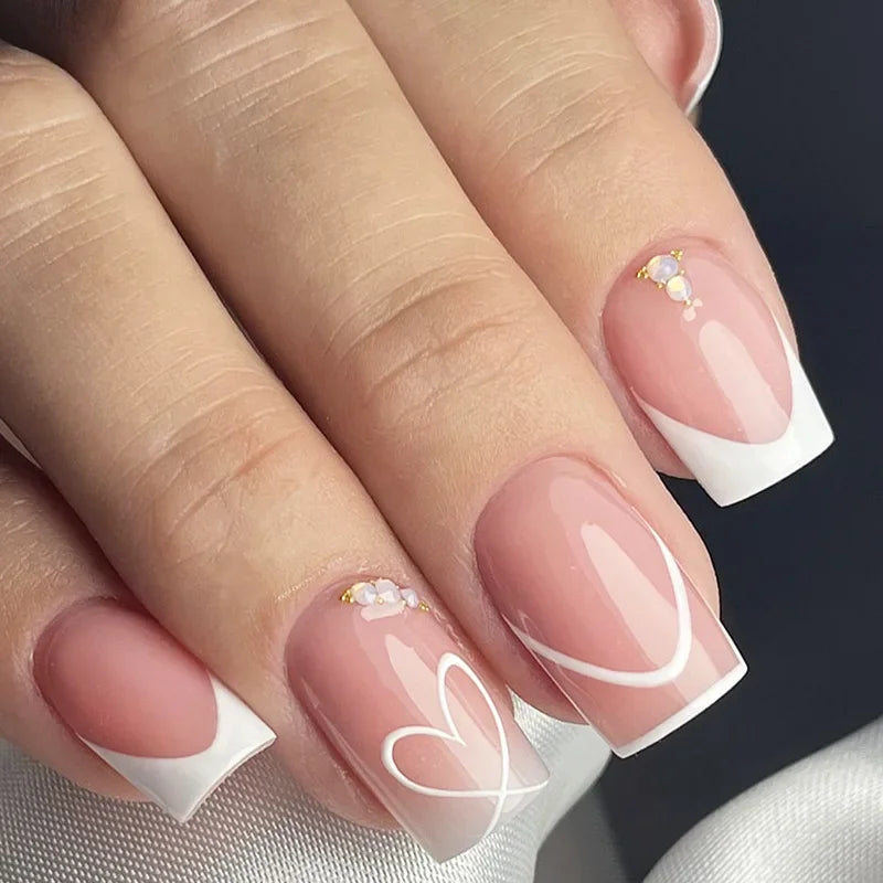 Hnewly 24pcs Short Square Head French Ballet Nails White Edge Flower Fake Nails with Glue Wearable Full Cover Press on Nails Tip Art