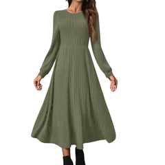 Hnewly  Fashion Round Neck Long Sleeve Solid Colour Casual Maxi Dress for Female Simple Daily Versatile High Waist Comfy Dress