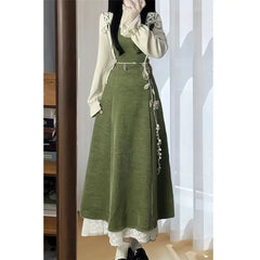 Hnewly  Loose Long Sleeve Midi Dress New Year Student Style Dopamine Illusion Two-Piece Dress with Bow Knot Polyester Fiber Dress