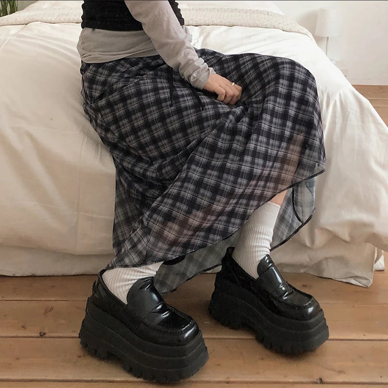 Hnewly Preppy Style Plaid Print Mesh Skirt Casual All-match Loose A-line Long Skirts for Women Summer Retro Skirt Korean Fashion