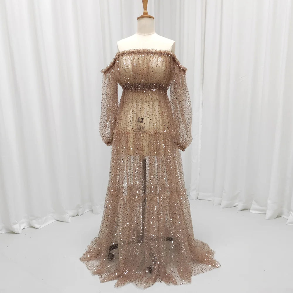 Hnewly  Brown Pearl Sequin Transparent Mesh One Shoulder Dress Maternity Dress Photoshoot Props Pregnant Women Photography Dress