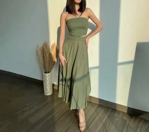 Hnewly  Women's New Solid Color Sleeveless Skirt Set, Chest Wrapping Top with Trumpet Skirt, Elegant and suitable for gatherings