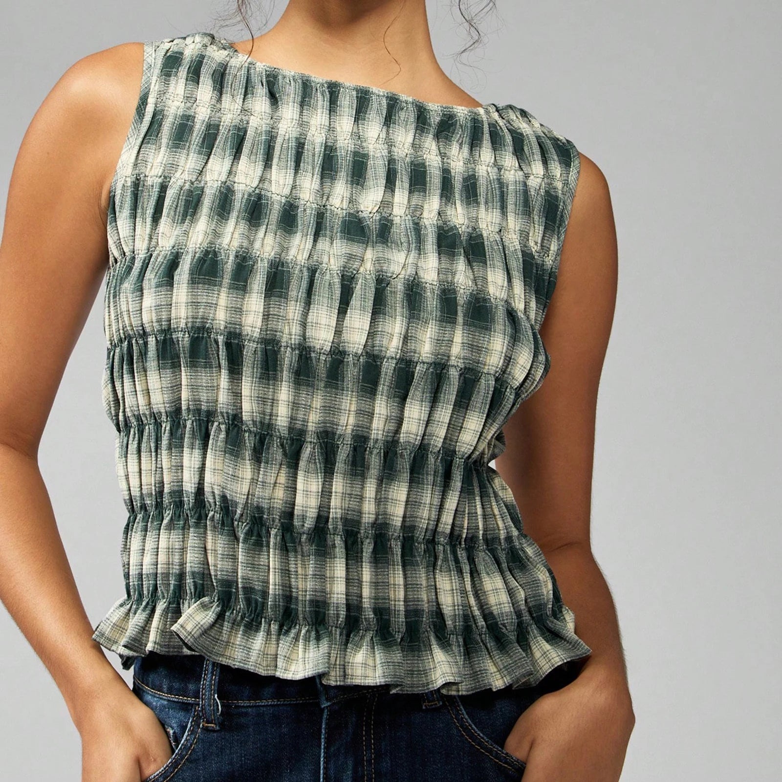 Hnewly Women Tank Tops y2k Clothes Summer Plaid Print Crew Neck Sleeveless Pleated T Shirts Vest Streetwear for Casual Daily