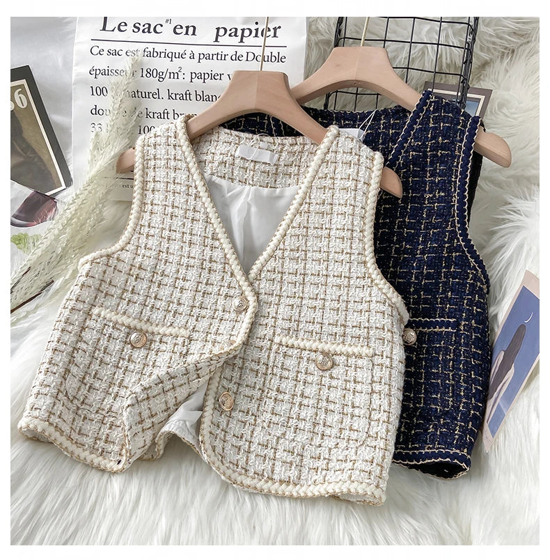 Hnewly  Women New Autumn Tweed Elegant Vintag Vest V-neck Sleeveless Slim Pockets Waistcoat Ladies Fashion Womens Short Small Vest