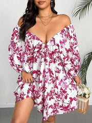 Hnewly  Plus Size V-Neck Romantic Floral Print Resort Dress with Small Flowers Elegant Suitable for Travel