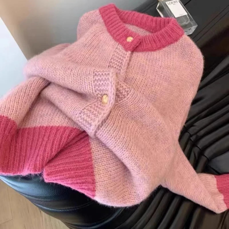Hnewly Single-breasted Cardigan Long Sleeve Patchwork Knitted Sweater O-Neck Casual Warm Coat Office Outerwear Autumn Winter