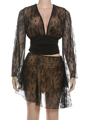 Hnewly  Cutenew Jacquard Lace Sexy 2-Piece Set Women V-Neck Flare Sleeve Patchwork Crop Top+Irregular Hem Skirt Double-Layer Clubwear