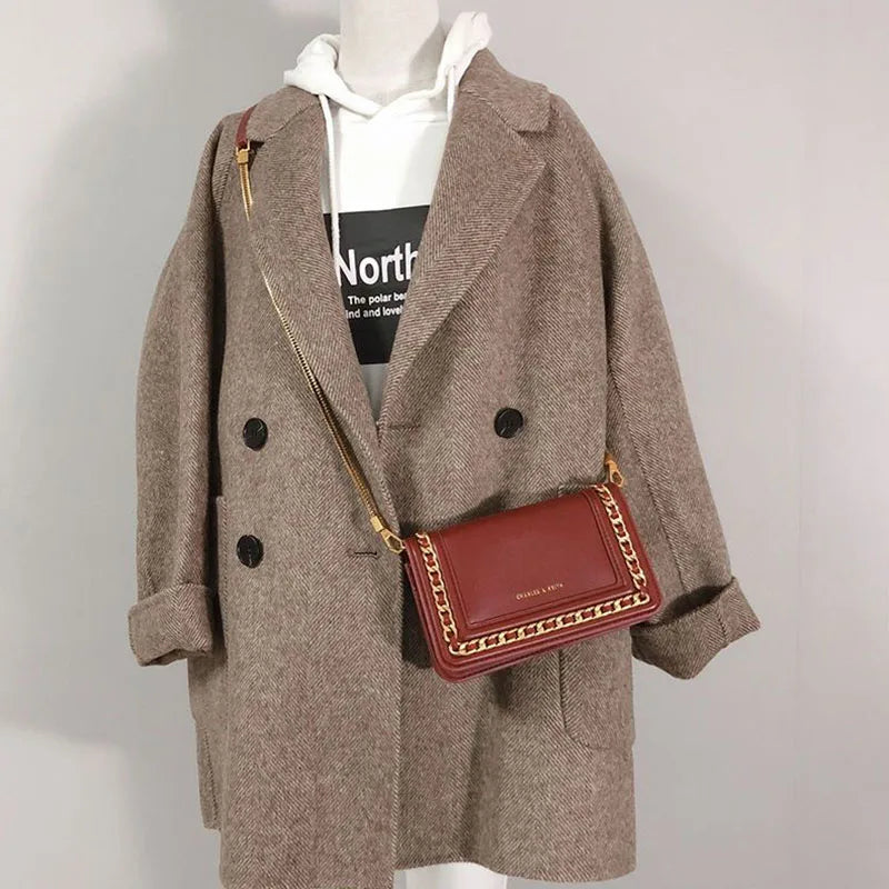 Hnewly Women's Herringbone Pattern Woolen Jacket, Imitation Cashmere Blazer, Korean Loose Thick Coat