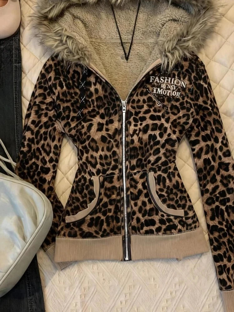 Hnewly  Streetwear Leopard Letter Printing Punk Jackets Women Y2k Aesthetic Furry Patchwork Hooded Coats Grunge Loose Vintage Jacket