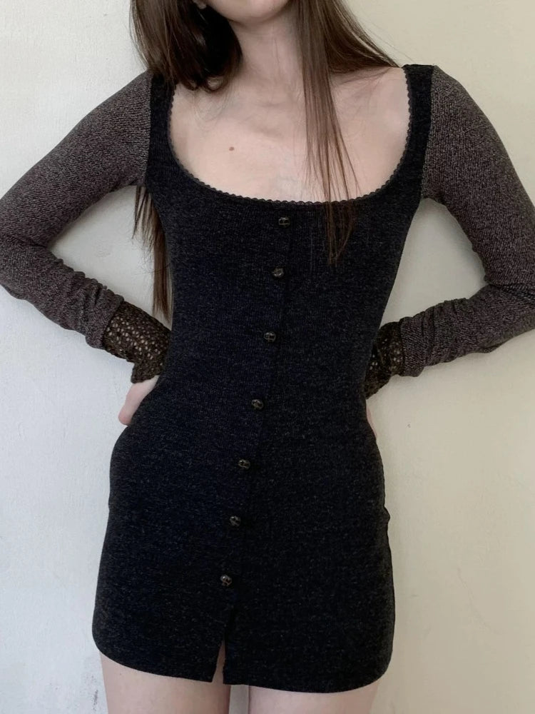 Hnewly  Y2k Aesthetic Square Collar Sexy Dress Women Vintage Harajuku Patchwork Mini Dresses Streetwear Hollow Out  Grunge Vestidos