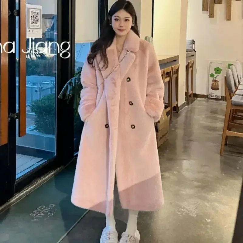 Hnewly Fashion Autumn/Winter Thick Suit Collar Imitation Mink Fur One Piece Fur Eco Friendly Furs Long Coat Women Jacket Winter Clothes