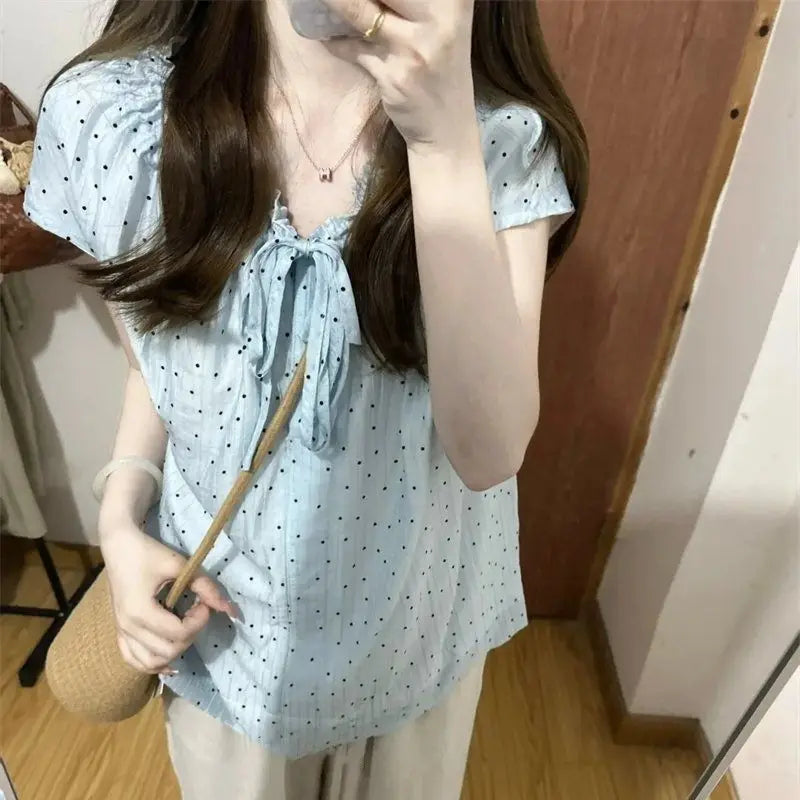 Hnewly  Women Blouse Bow Bandage Polka Dot Short Sleeve Sweet Loose Summer Fashion Shirts French Style Chic Female Tops Casual