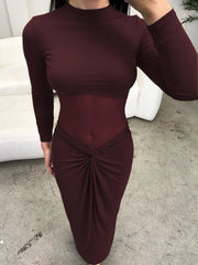 Hnewly  Women's O-neck Long Sleeved Mesh Dress New Spring Darped Slim Fit A-line Dress Simple Solid Color Commuting Robe Dress Vestidos