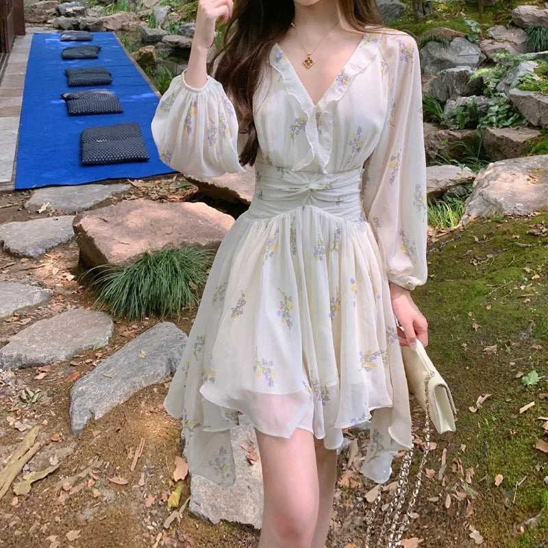 Hnewly  Print Floral Women Dresses Lantern Sleeve V Neck Ruffles Vestidos Mujer Korean Fashion Sweet Elegant Mini Dress