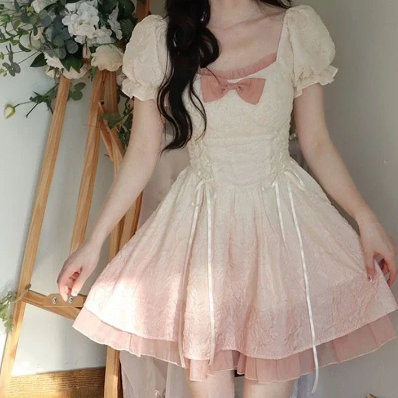 Hnewly  Bubble Sleeve Kawaii Lolita Mini Dress Women Pink Bow Princess Sweet Party Cute Dress A-Line Elegant Fairy Dress Spring New