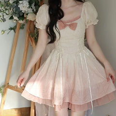Hnewly  Bubble Sleeve Kawaii Lolita Mini Dress Women Pink Bow Princess Sweet Party Cute Dress A-Line Elegant Fairy Dress Spring New
