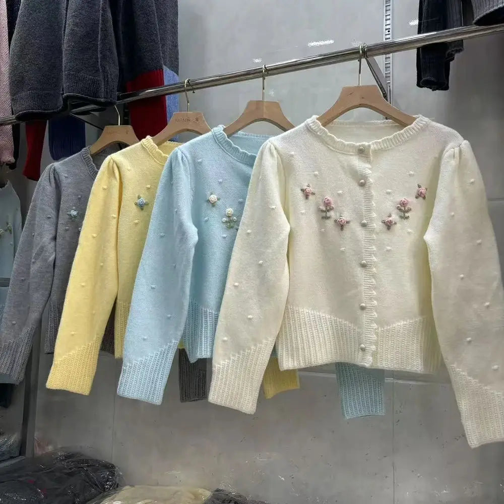 Hnewly  Flower Appliques Lace Edge Knit Sweater Women's Sweet Long Sleeve O-neck 2025 Early Autumn Knitwear Loose Single Breasted Tops