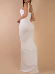 Hnewly  Solid Slimming Backless Temperament Dresses for Women Round Neck Sleeveless High Waist Spliced Metal Dress Female Fashion