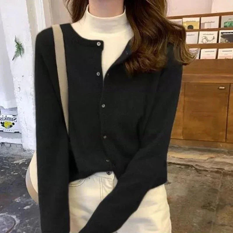 Hnewly Cold Weather Outfits Fall Solid Color Knitted Cardigan Women Korean Single Breasted Long Sleeve Jumper Woman Round Neck All Match Sweater Outwear Top