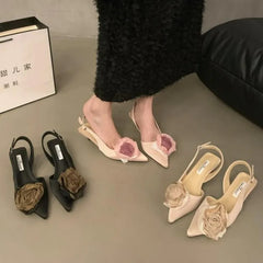 Hnewly New Flower Designer Sandals Women Elegant Satin Mule Shoes Summer Pointed Toe Pumps Low Heel Flowers Slingback Sandals Female