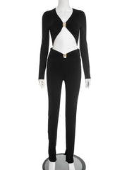 Hnewly  Cutenew Sexy Autumn Ruched 2 Piece Set Women V-Neck Metal Buckle Full Sleeve Crop Tops+High waist Split Pant Basic Streetwear