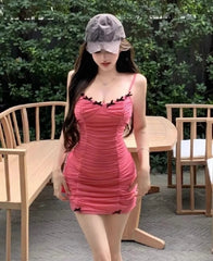 Hnewly  Woman Dress Bow Sleeveless Slash Neck Sexy Ruched Backless Summer Fashion Chic Mini Dresses Elegant Party Female