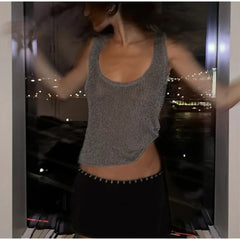 Hnewly  Sexy Women's Knit Shiny Tank Tops Solid V-neck Sleeveless See Through Crop Vests Summer Lady Cozy All-match Streetwear New