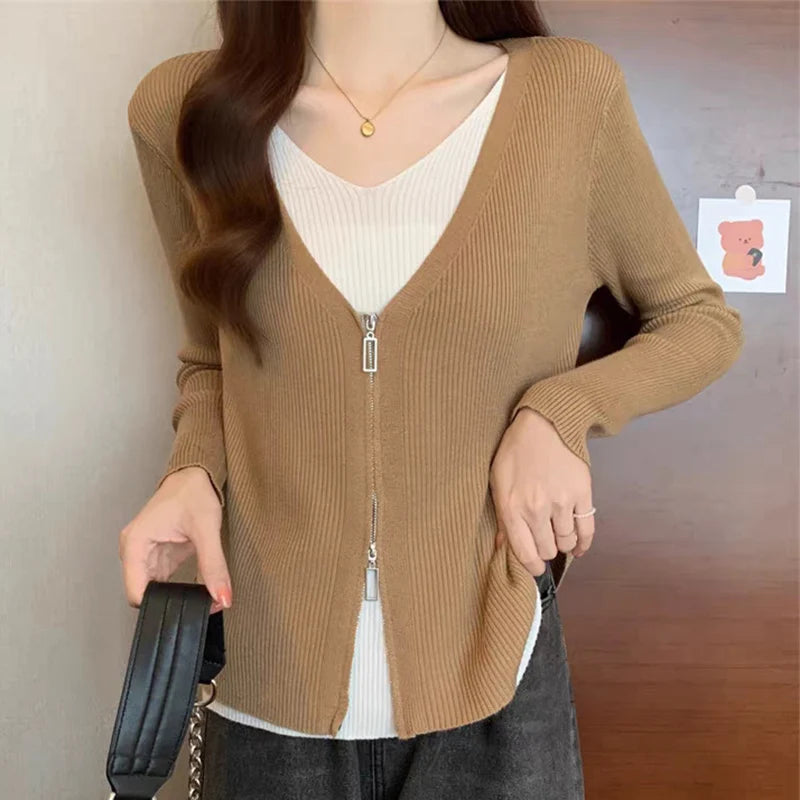 Hnewly  Fashion False Two Pieces Sweater Women Spring Autumn Mix Color V-Neck Knitted Jumpers Woman Slim Long Sleeve Pullovers Mujer