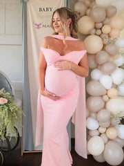 Hnewly  Elegant Maternity Photoshoot Dress Off Shoulder Scarf Collar Maxi Gown Strapless Backless Pregnancy Outfit Baby Shower Dress