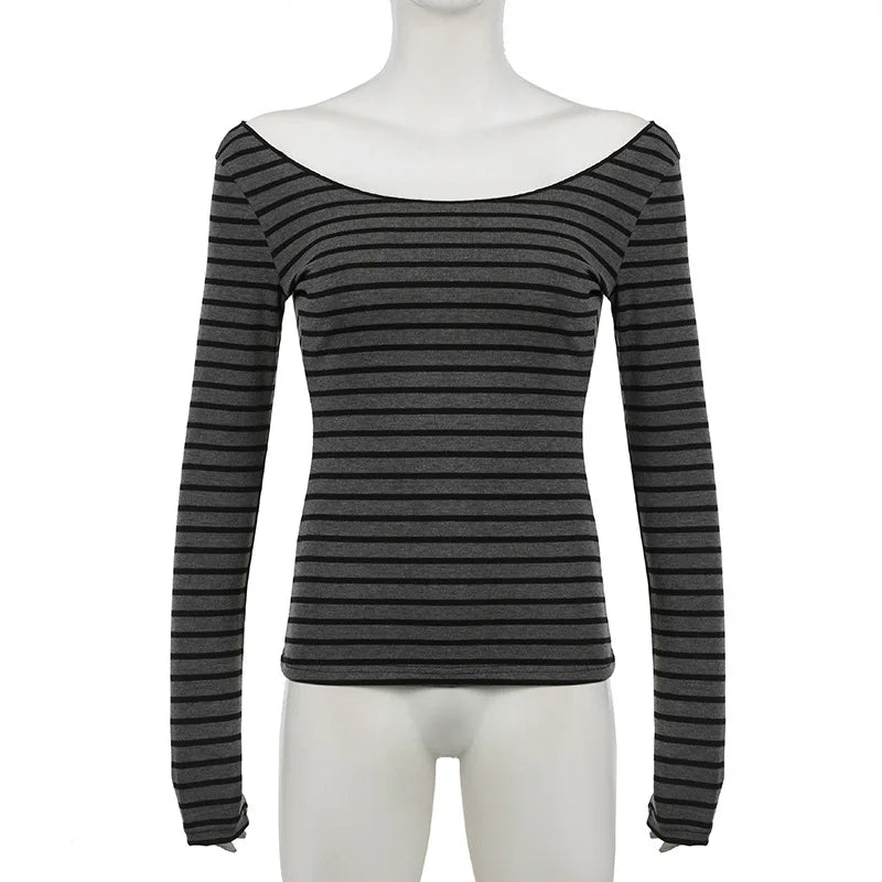 Hnewly Grunge Top y2k Clothes Women Cybercore Striped Off Shoulder Long Sleeve T Shirt 2000s Gothic Clothing Fall Streetwear