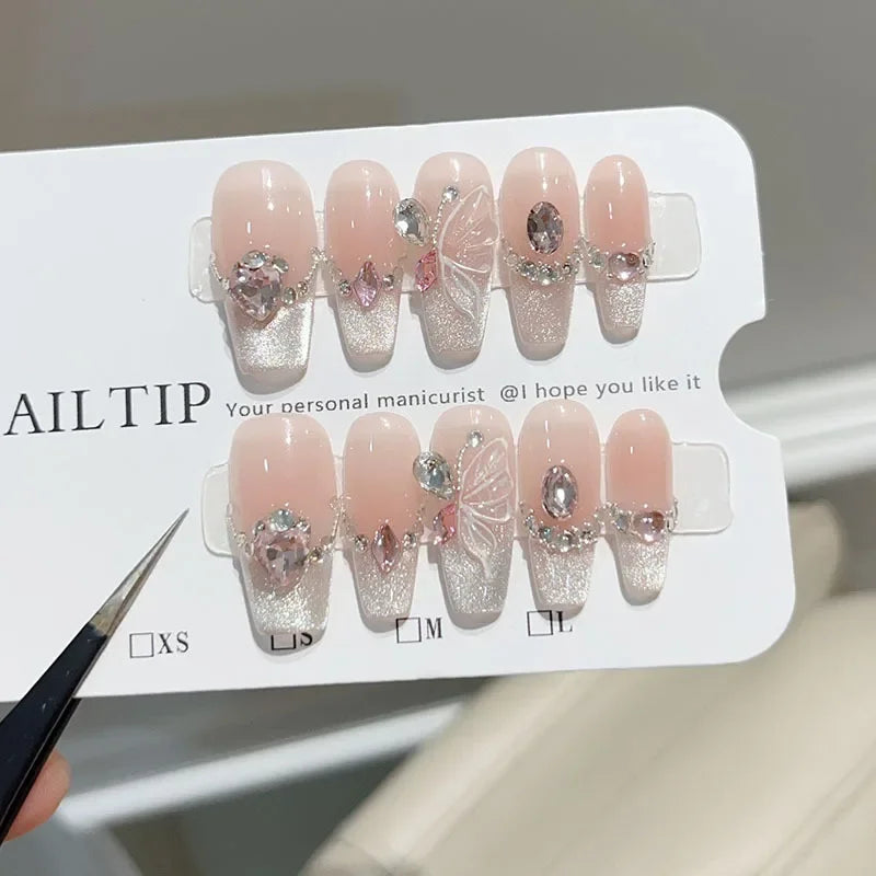 Hnewly 10Pcs Handmade  French Nails Set Press On  Flower Diamond Decoration Fake Nails Full Cover Removable Manicuree  XS S M L Size