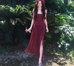 Hnewly  Woman Dress Sexy Sleeveless Slash Neck Elegant Holiday Split Summer Fashion Vintage Sexy Ladies Dresses Female Chic