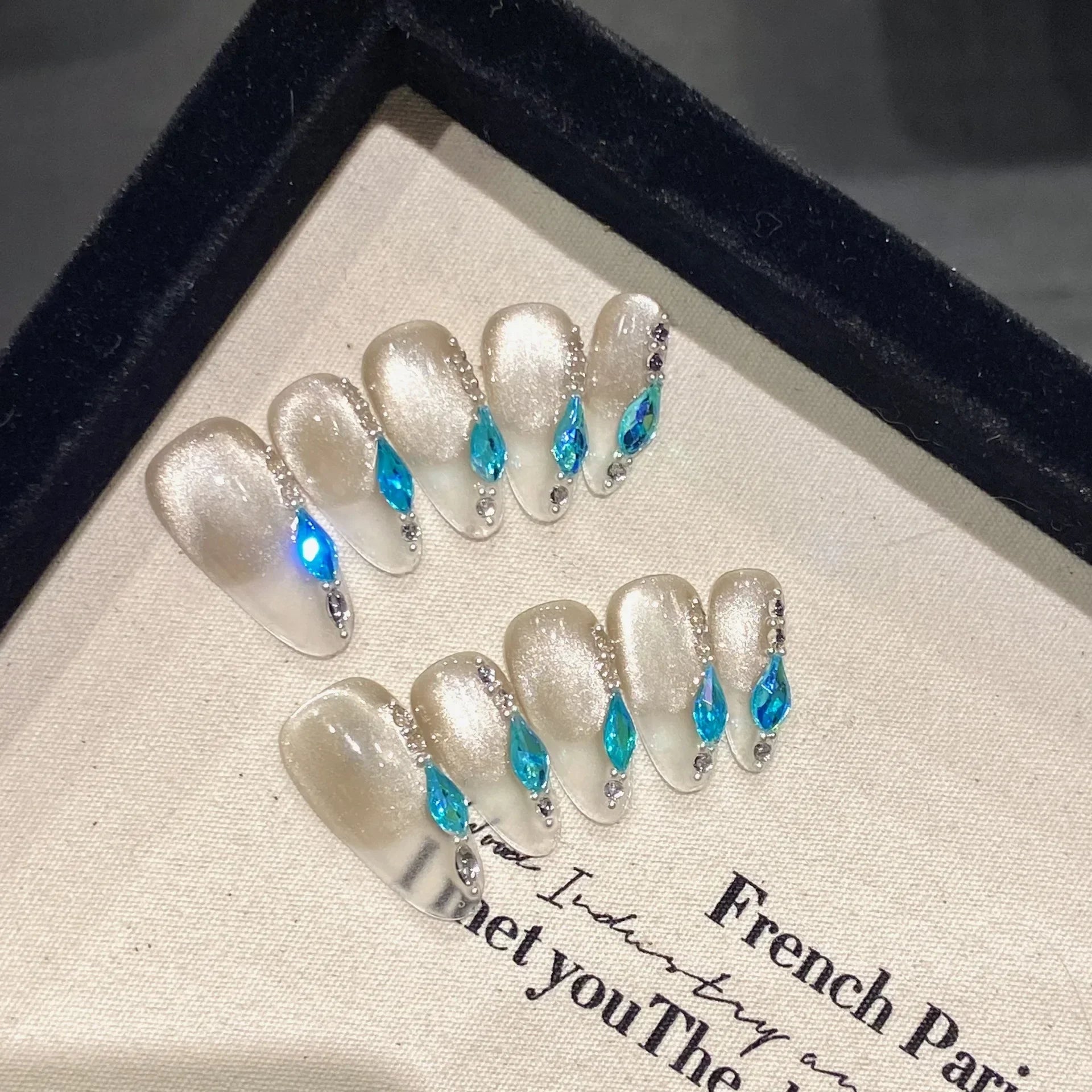 Hnewly 10Pcs Handmade Press on Nails Long Ballet Blue Fake Nails with 3D Ocean Moon Rhinestone Design False Nails Full Cover Nail Tips