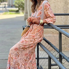 Hnewly  Casual Long Sleeved Loose Beach Dress New Spring Floral Print Bohemian Dress Vintage Women V-neck High Waist Holiday Dress