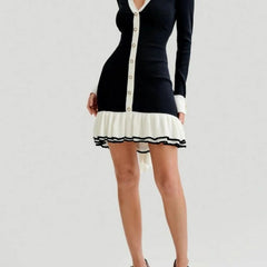 Hnewly  Elegant Black Knitted Mini Dresses Women Sweet V-neck Long Sleeve Party Dresses Sexy Bow Retro Ruffle Knitwear Dresses