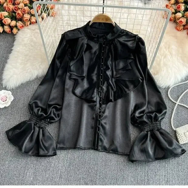 Hnewly Vintage Solid Blouses Women Elegant Acetate Satin Stand Collar Flare Sleeve Design New Chic Sweet Loose Ruffles Female Mujer