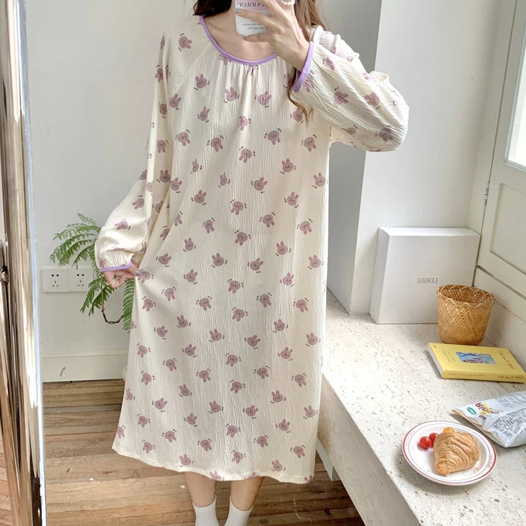Hnewly Long Sleeve Nightgowns Women Floral Bow Temper Autumn Home Cozy Aesthetic O-neck Prairie Chic All-match Sleepwear Korean Style