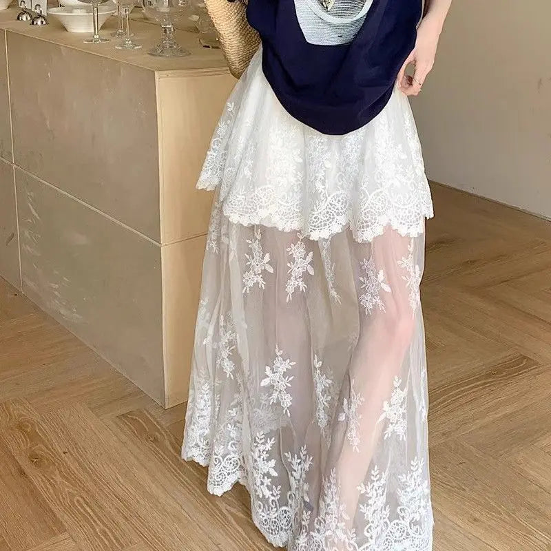 Hnewly Lace Splicing Lace Half Skirt Design Summer New High Waist Slimming Mesh Long Skirt