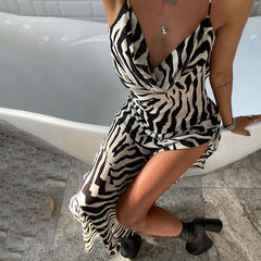 Hnewly  Irregular Zebra Printing Summer Maxi Dress Halter Neck Folds Sleeveless Backless Sheath Slit Sundress Vacation Beach Outfit